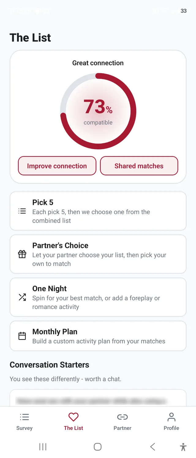 YesList's List screen showing a 73% compatibility score between partners, with buttons to improve connection or view shared matches