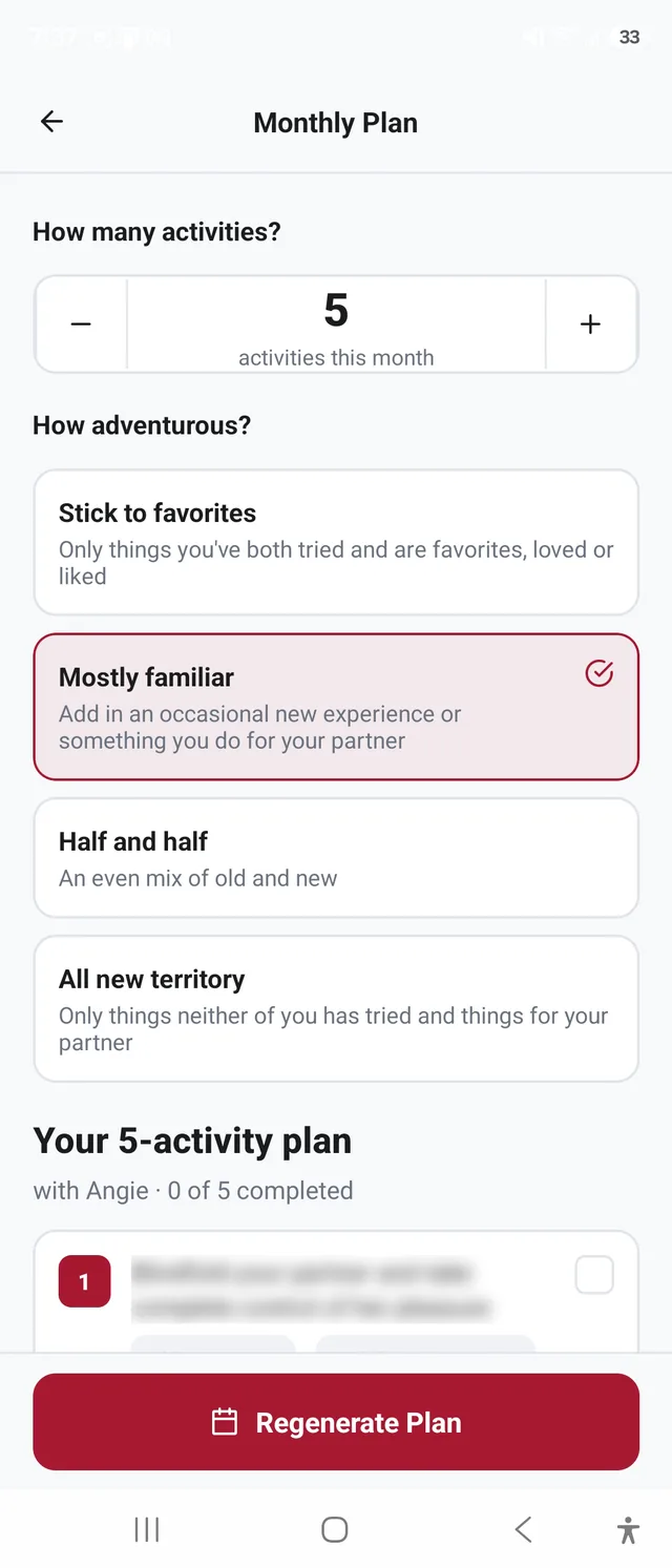 YesList Monthly Plan screen for building a custom multi-activity plan based on how adventurous a couple wants to be