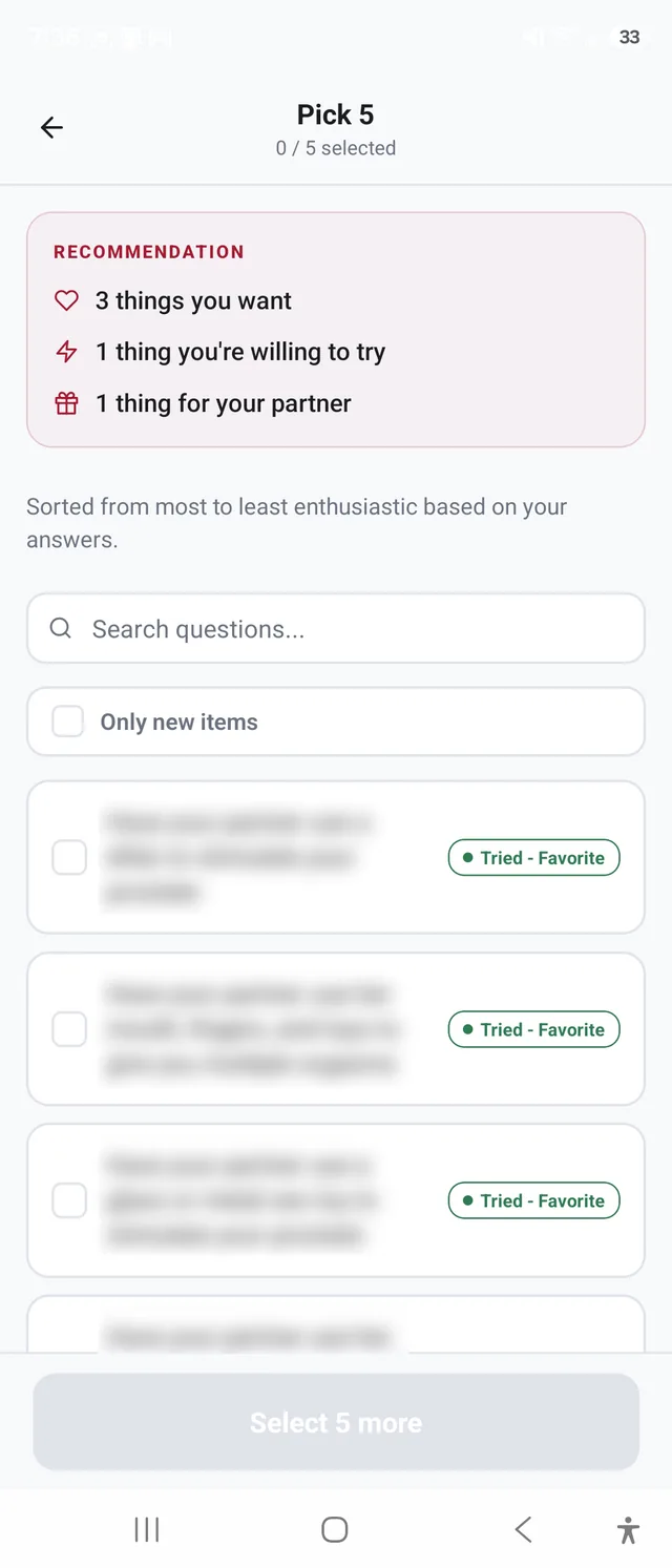 YesList Pick 5 screen where each partner selects five activities to combine into a shared list