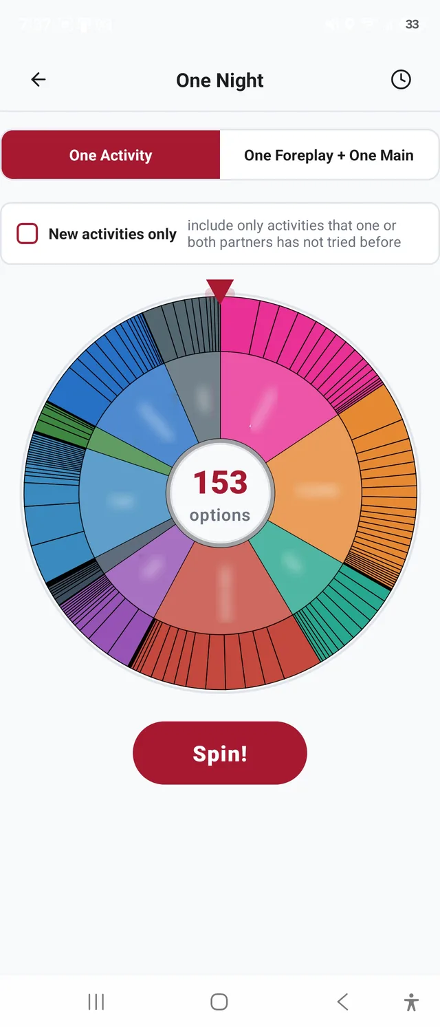 YesList One Night spin wheel with 153 activity options across categories like romance, foreplay, and positions