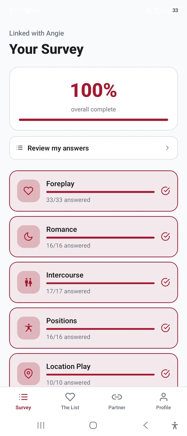 YesList survey screen showing five categories, including Foreplay and Romance, each fully answered